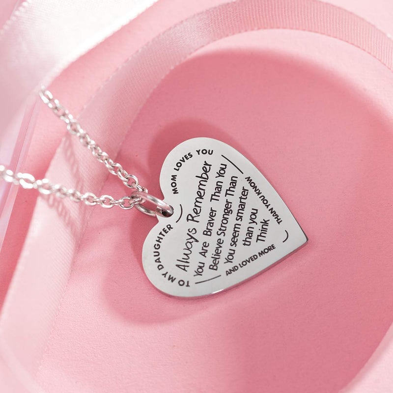 Haoflower Daughter Heart Pendant Necklace You are Braver Than You Believe Engraved Motivational Message Stainless Steel Jewelry Gifts from Mom Dad (to My daugher - Mom Loves You) - Image 3